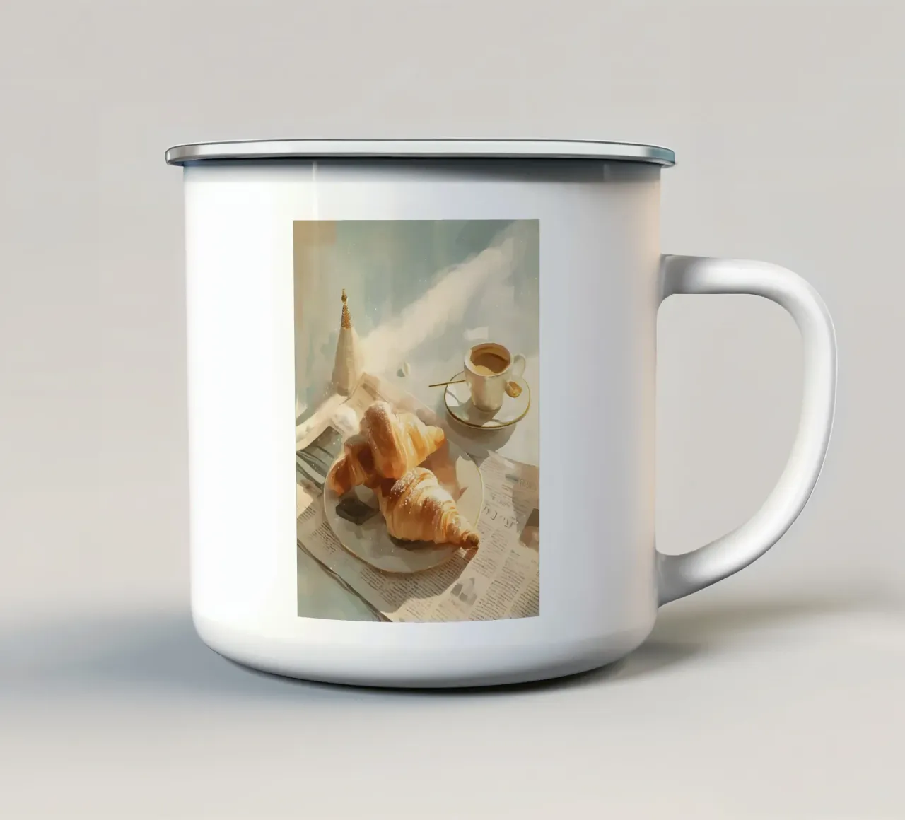 Luce soffusa d'inverno su croissant e caffè nel caffè di Parigi tazza in smalto da Holiday Hearth Prints