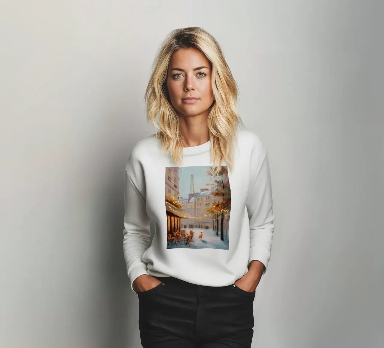 Caffè di Parigi nella neve invernale con cane e vista sulla Torre Eiffel felpa da Holiday Hearth Prints