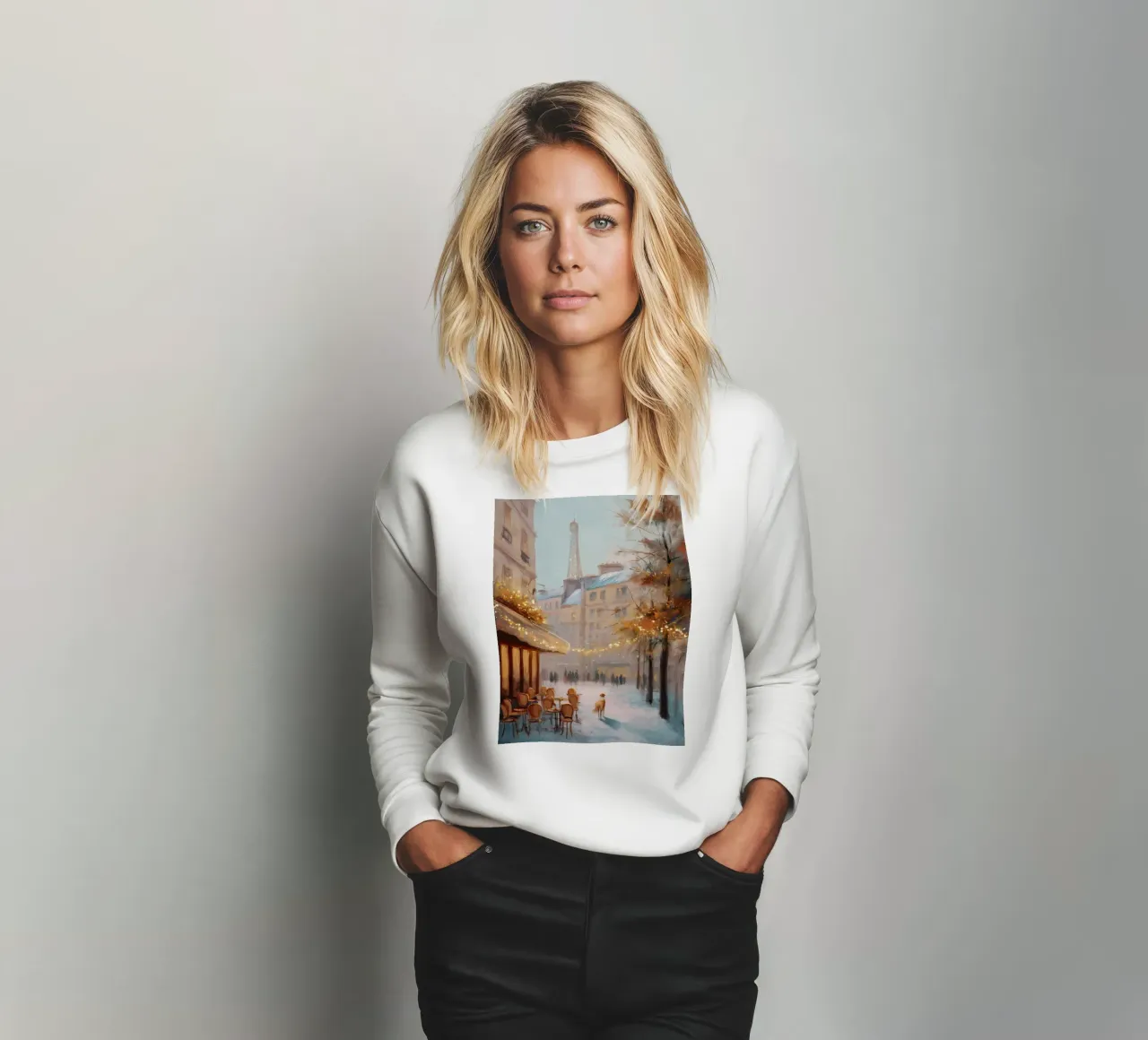 Caffè di Parigi nella neve invernale con cane e vista sulla Torre Eiffel felpa da Holiday Hearth Prints
