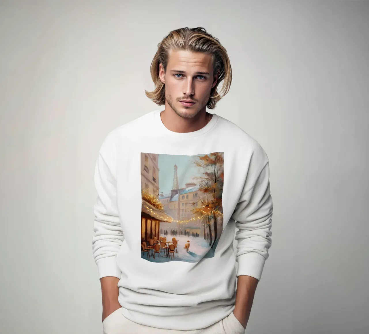 Caffè di Parigi nella neve invernale con cane e vista sulla Torre Eiffel felpa da Holiday Hearth Prints