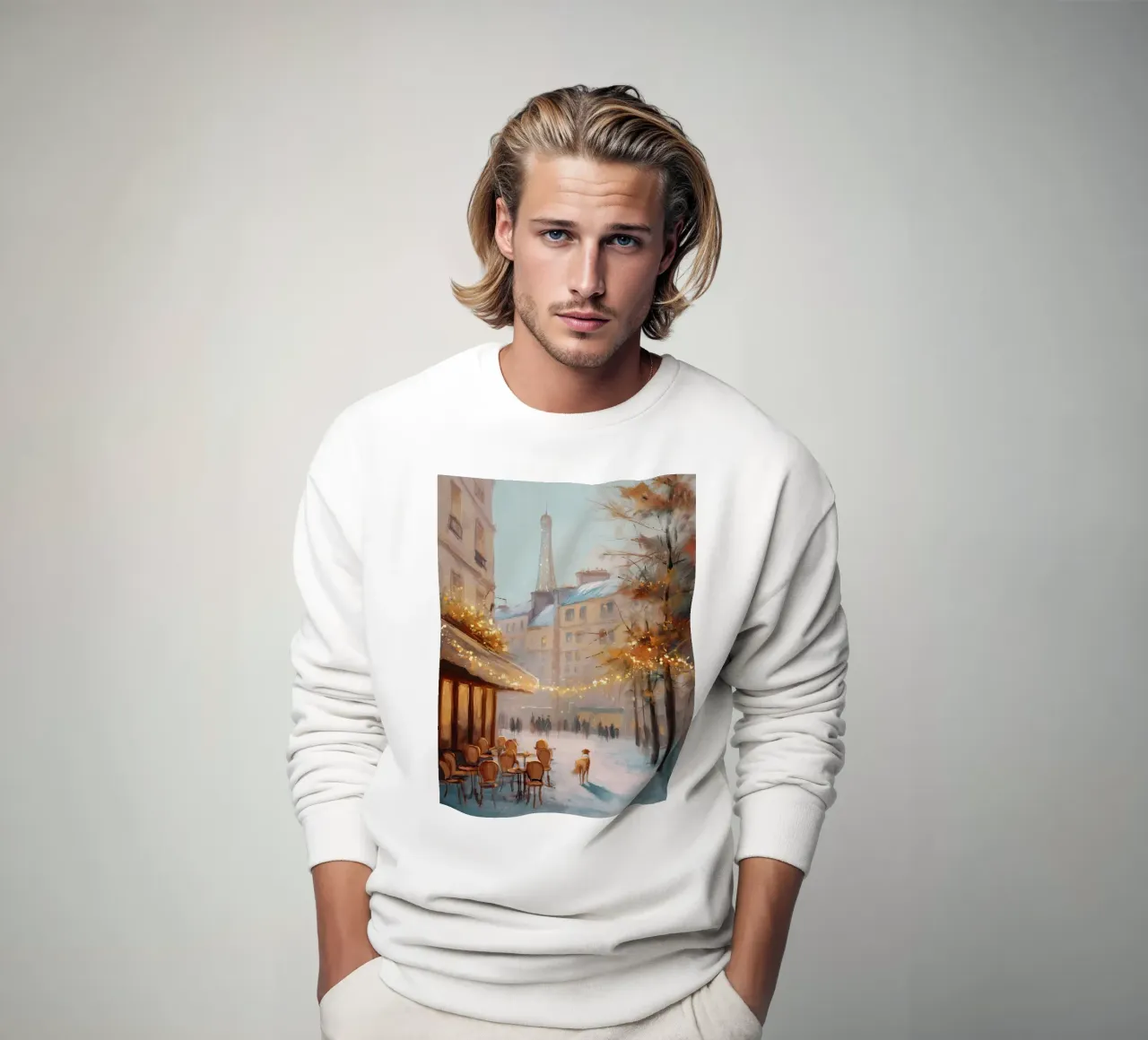 Caffè di Parigi nella neve invernale con cane e vista sulla Torre Eiffel felpa da Holiday Hearth Prints