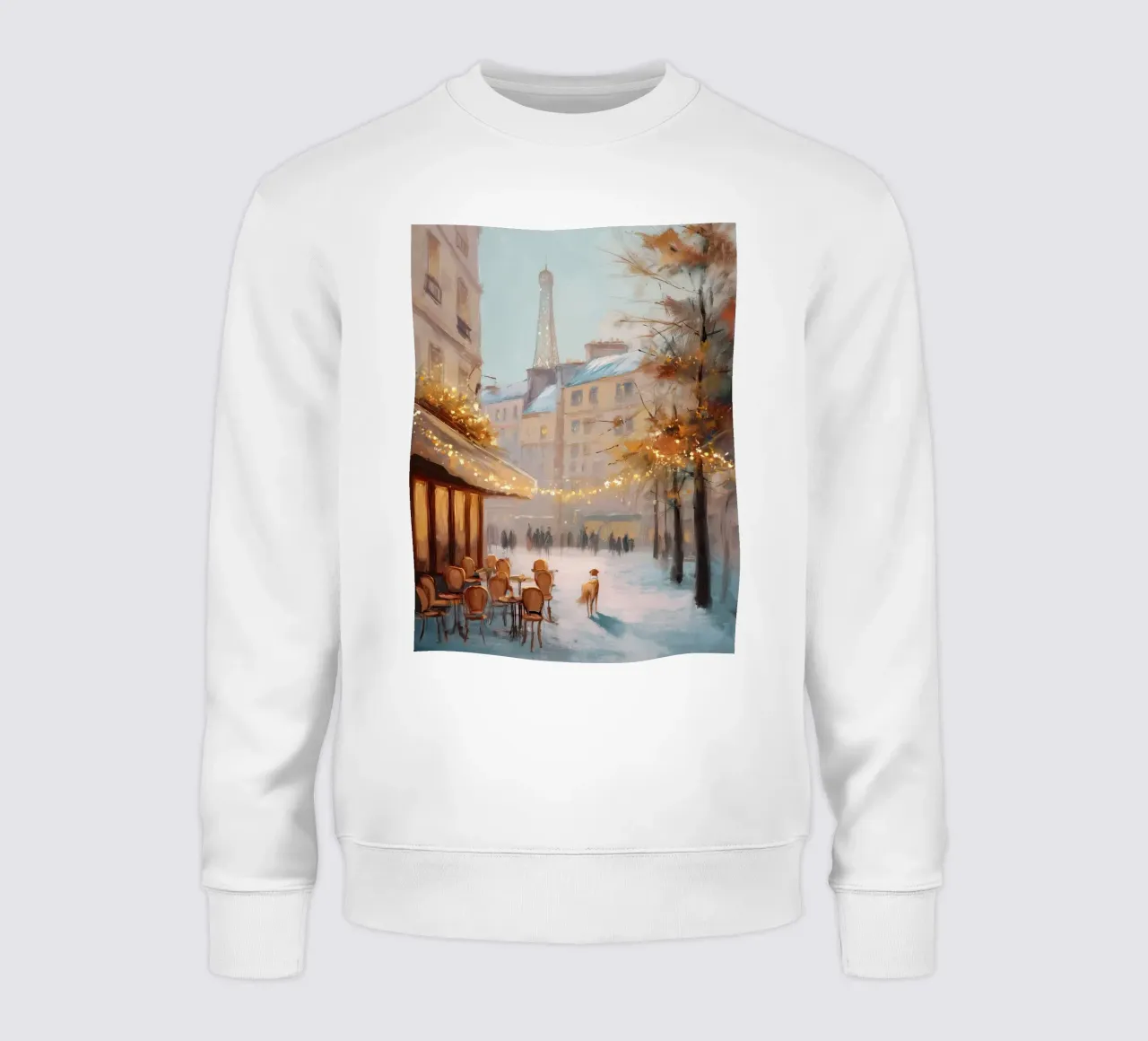 Caffè di Parigi nella neve invernale con cane e vista sulla Torre Eiffel felpa da Holiday Hearth Prints