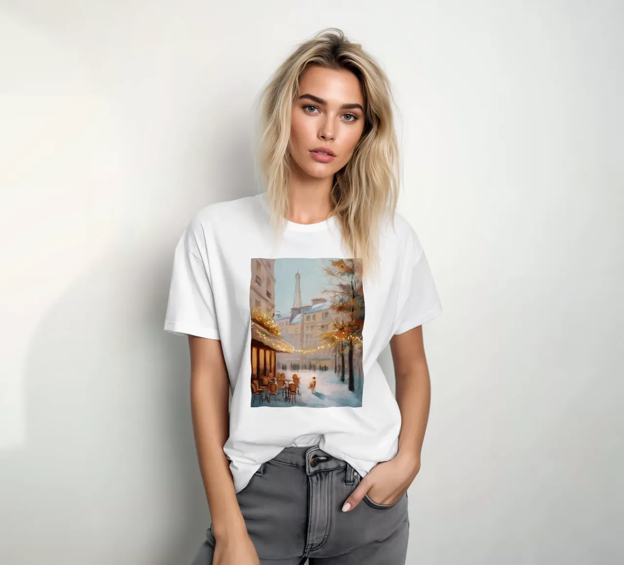 Caffè di Parigi nella neve invernale con cane e vista sulla Torre Eiffel t-shirt da Holiday Hearth Prints