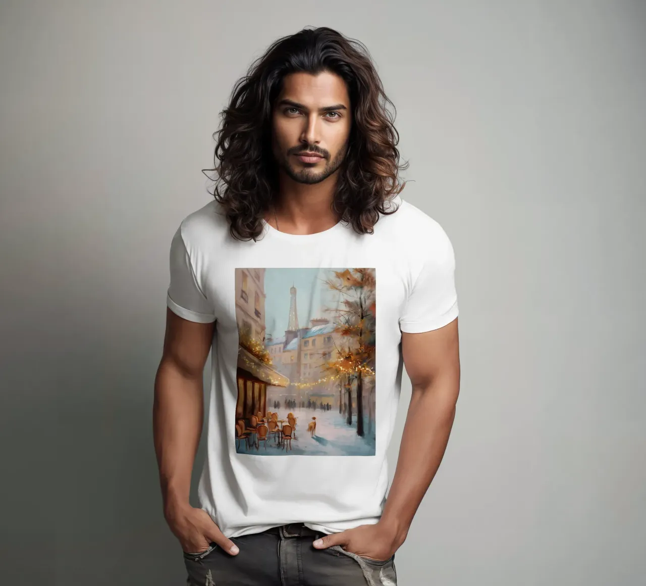 Caffè di Parigi nella neve invernale con cane e vista sulla Torre Eiffel t-shirt da Holiday Hearth Prints