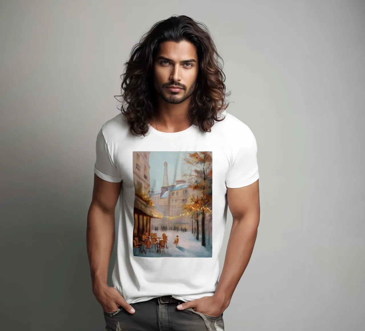 Caffè di Parigi nella neve invernale con cane e vista sulla Torre Eiffel t-shirt da Holiday Hearth Prints