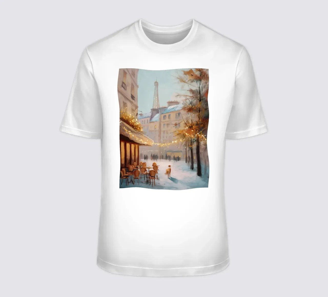 Caffè di Parigi nella neve invernale con cane e vista sulla Torre Eiffel t-shirt da Holiday Hearth Prints