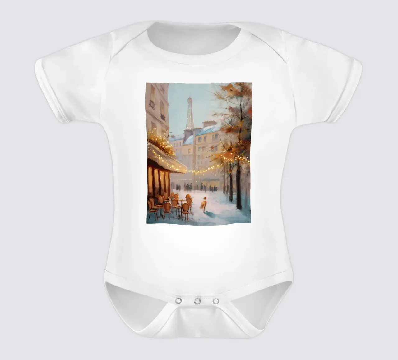 Caffè di Parigi nella neve invernale con cane e vista sulla Torre Eiffel body neonato maniche corte da Holiday Hearth Prints