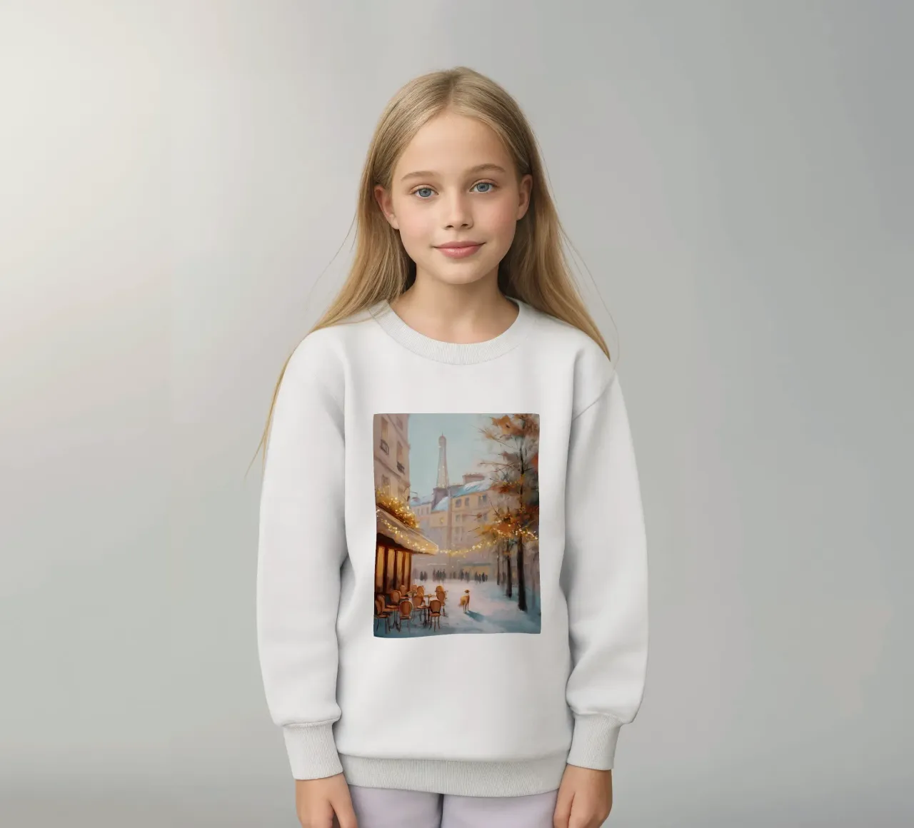 Caffè di Parigi nella neve invernale con cane e vista sulla Torre Eiffel felpa bambino da Holiday Hearth Prints