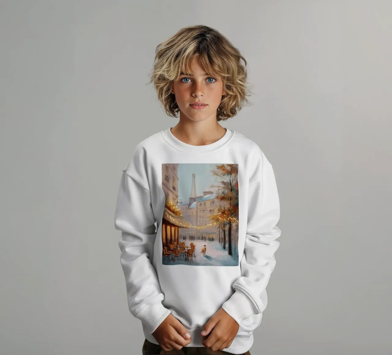 Caffè di Parigi nella neve invernale con cane e vista sulla Torre Eiffel felpa bambino da Holiday Hearth Prints