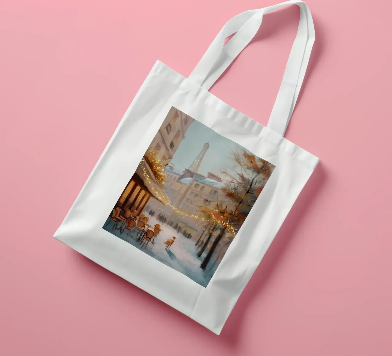 Caffè di Parigi nella neve invernale con cane e vista sulla Torre Eiffel borsa in juta da Holiday Hearth Prints