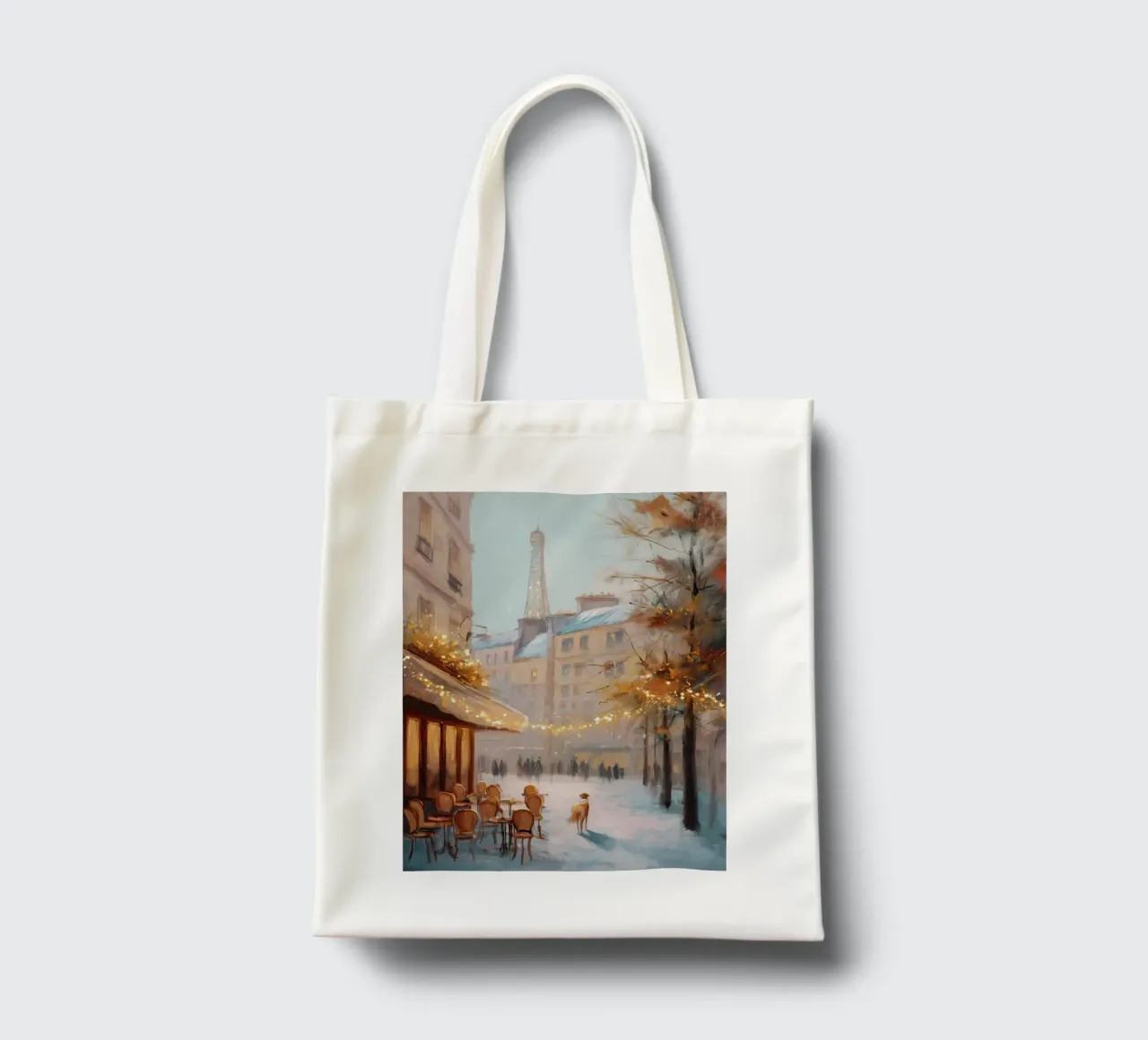 Caffè di Parigi nella neve invernale con cane e vista sulla Torre Eiffel borsa in juta da Holiday Hearth Prints