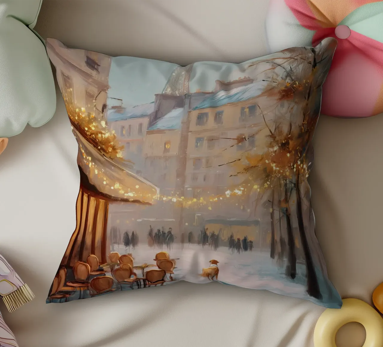 Caffè di Parigi nella neve invernale con cane e vista sulla Torre Eiffel cuscino da Holiday Hearth Prints