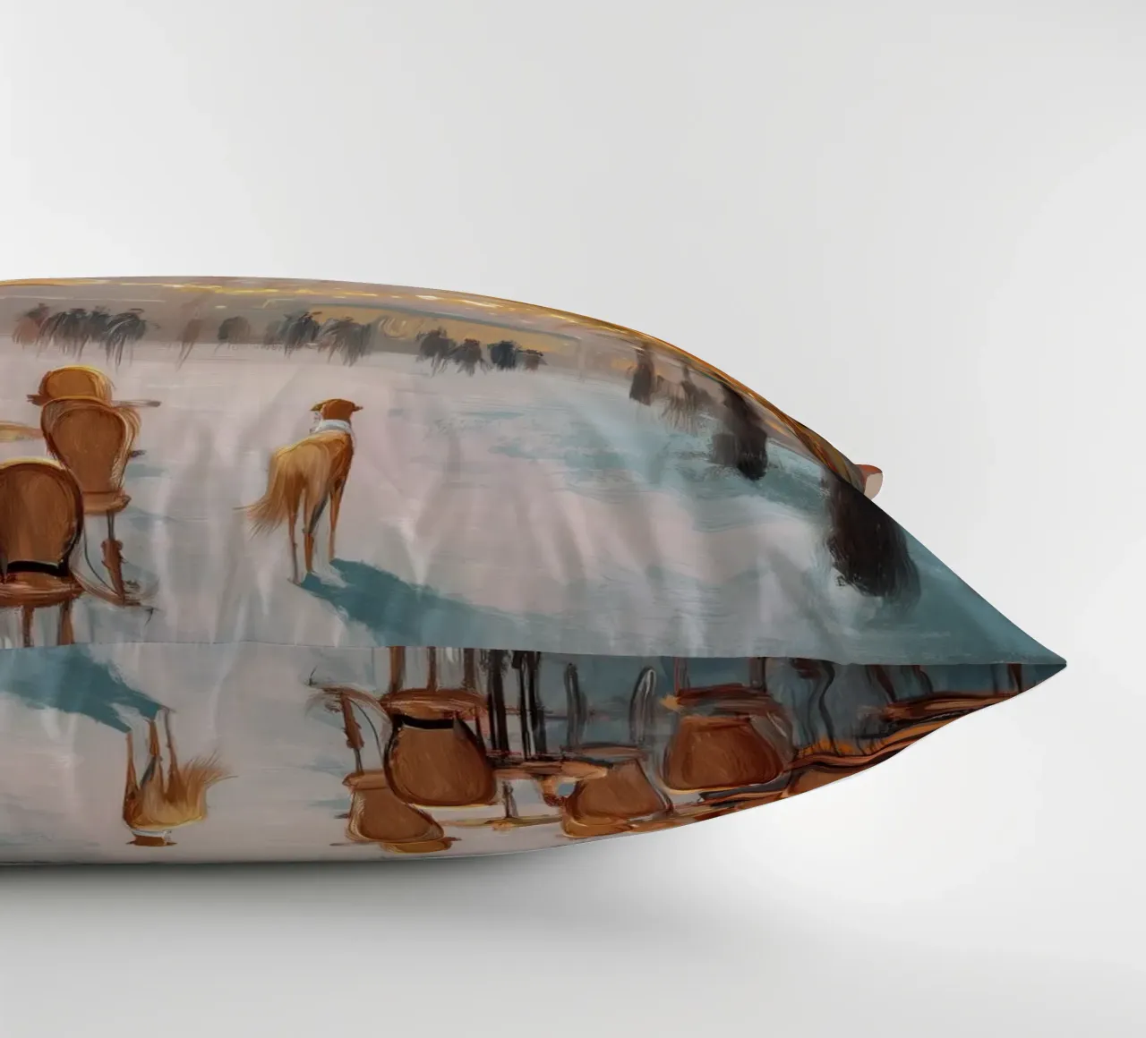 Caffè di Parigi nella neve invernale con cane e vista sulla Torre Eiffel cuscino da Holiday Hearth Prints