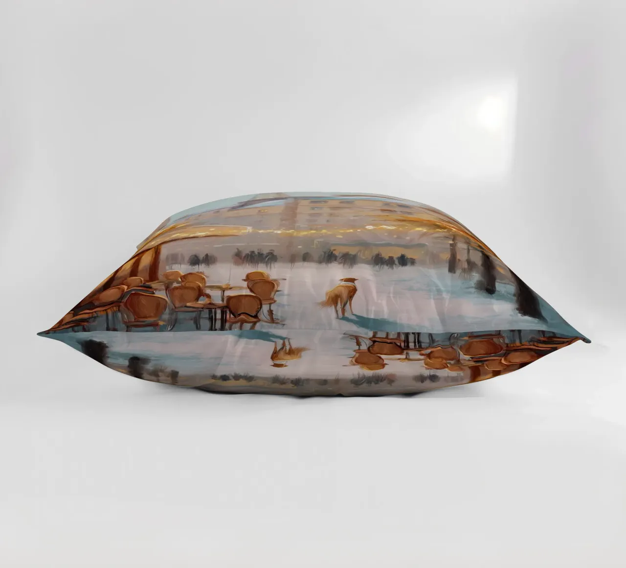 Caffè di Parigi nella neve invernale con cane e vista sulla Torre Eiffel cuscino da Holiday Hearth Prints