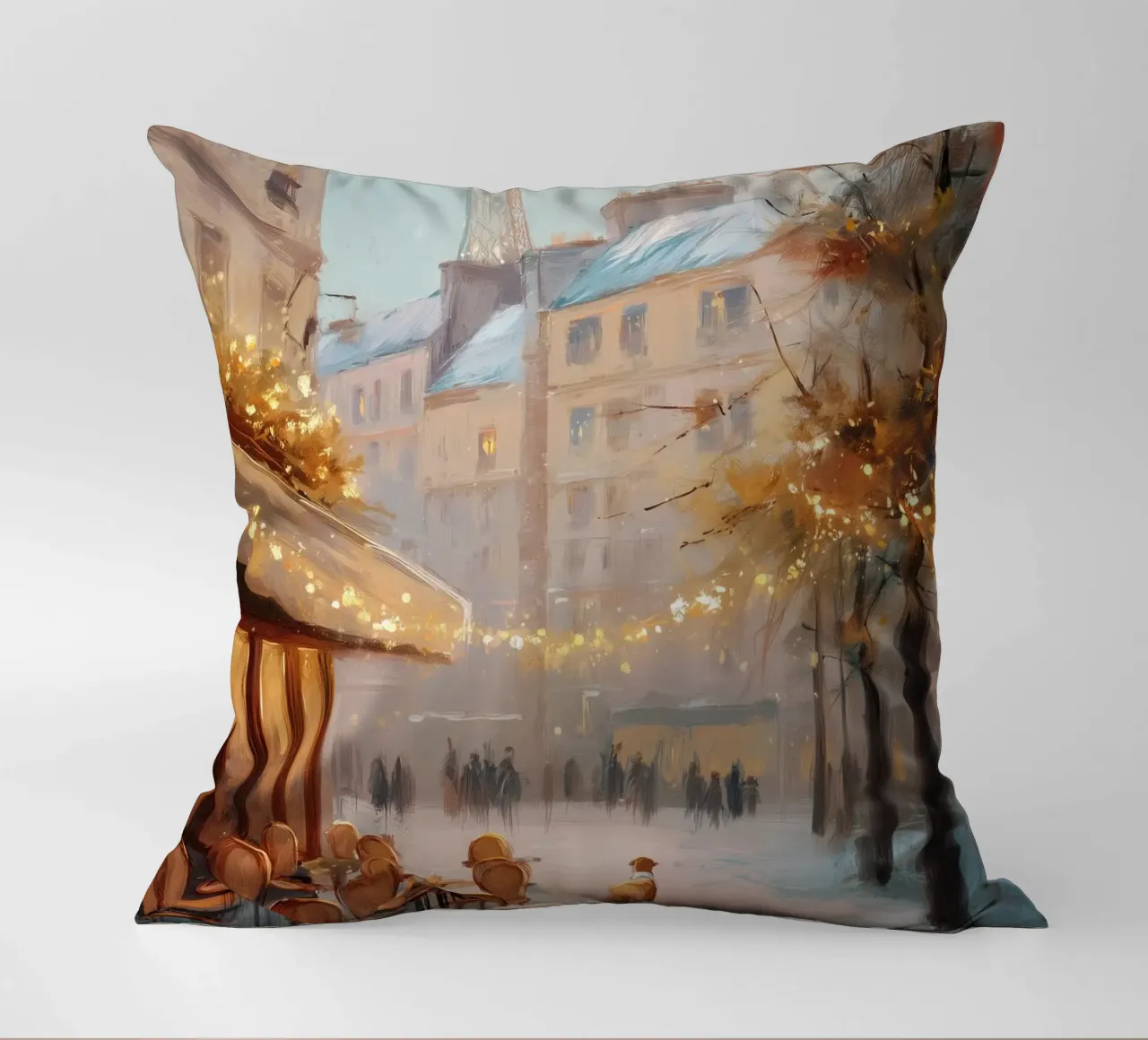 Caffè di Parigi nella neve invernale con cane e vista sulla Torre Eiffel cuscino da Holiday Hearth Prints