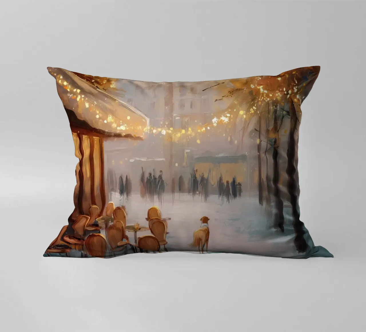 Caffè di Parigi nella neve invernale con cane e vista sulla Torre Eiffel cuscino da Holiday Hearth Prints