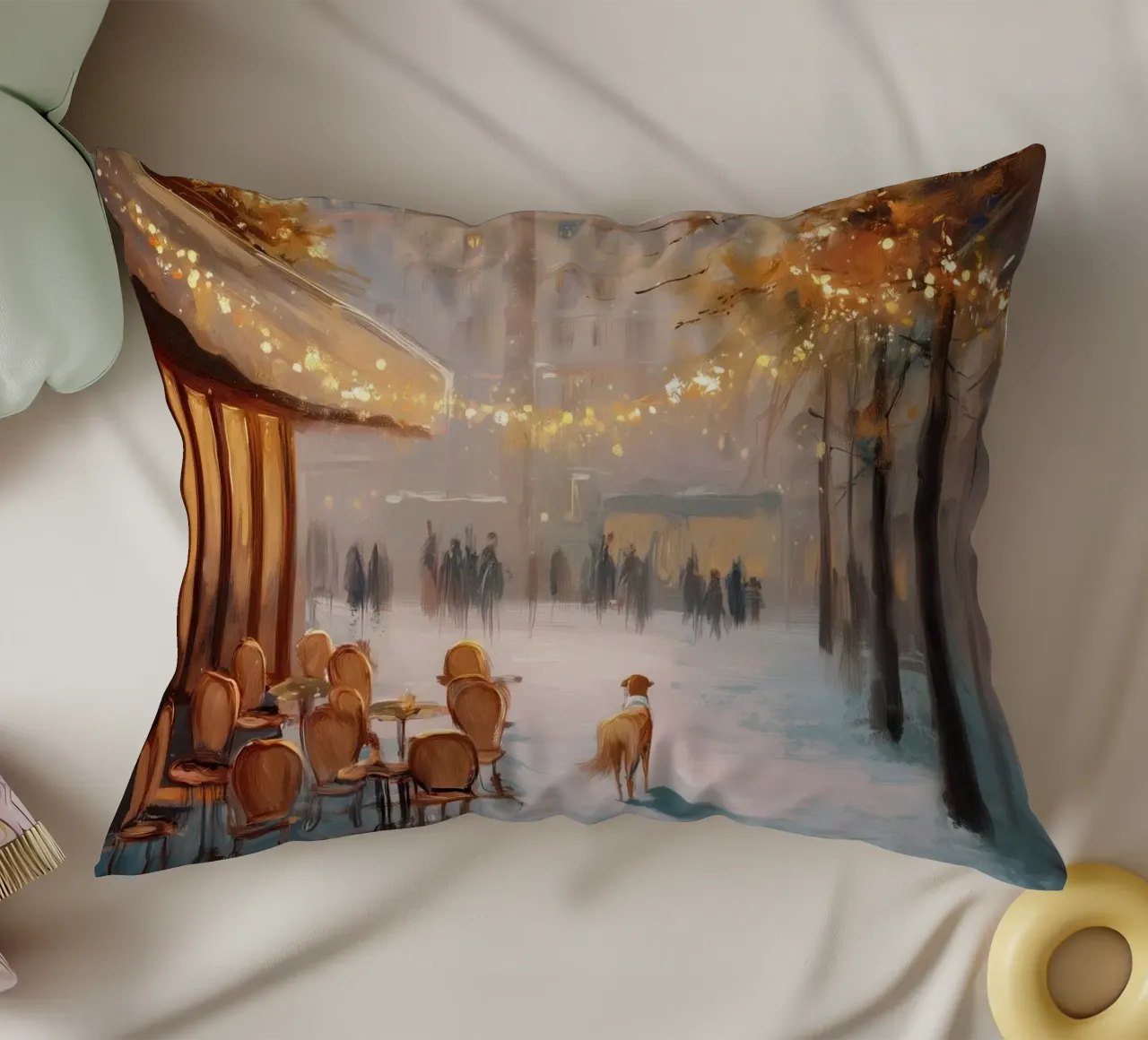 Caffè di Parigi nella neve invernale con cane e vista sulla Torre Eiffel cuscino da Holiday Hearth Prints