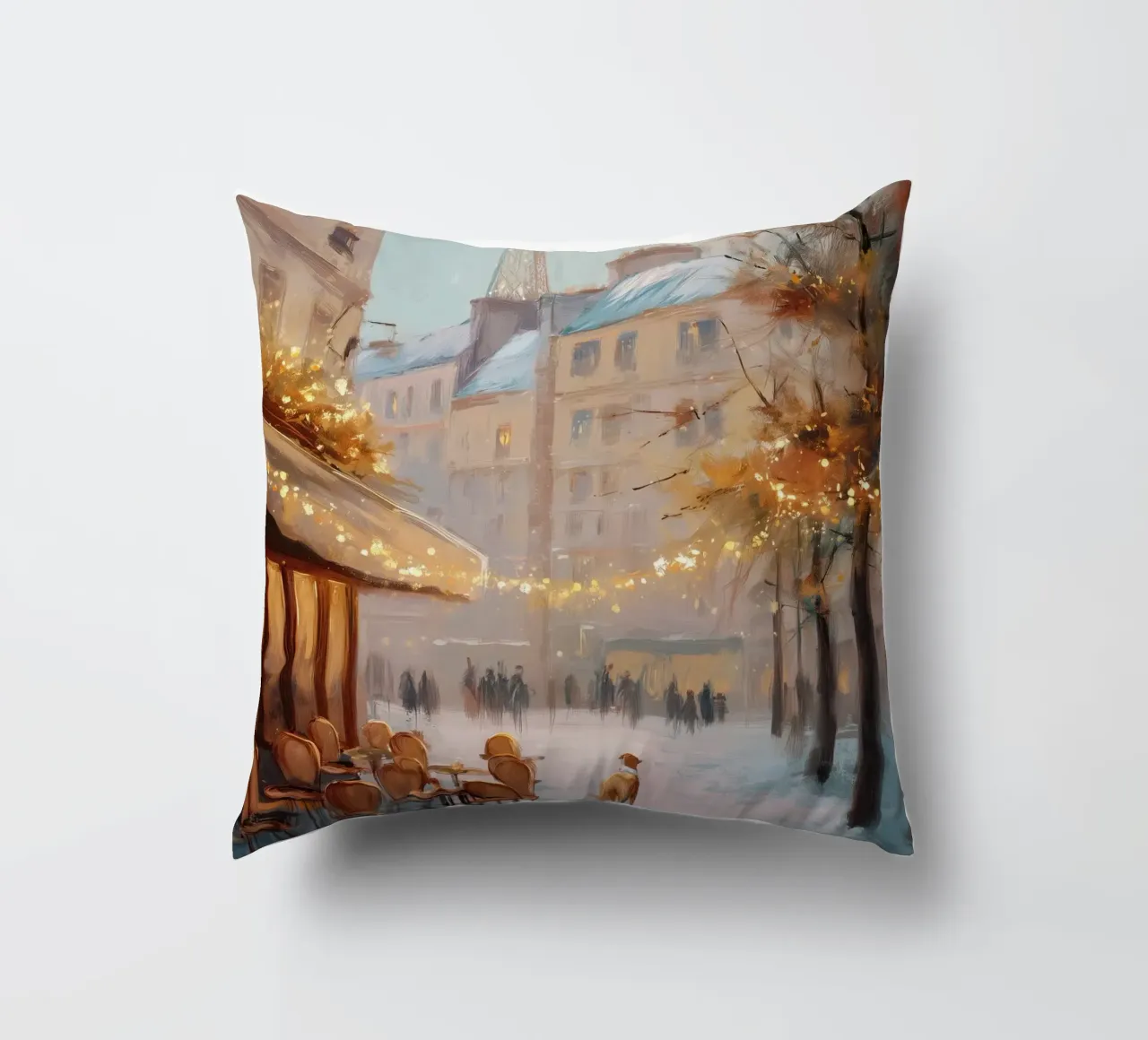 Caffè di Parigi nella neve invernale con cane e vista sulla Torre Eiffel cuscino da Holiday Hearth Prints