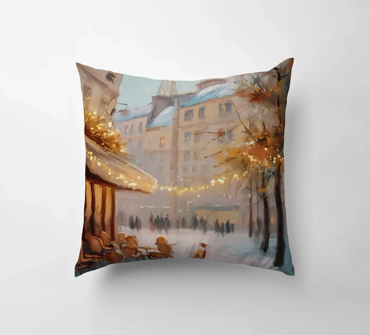 Caffè di Parigi nella neve invernale con cane e vista sulla Torre Eiffel cuscino da Holiday Hearth Prints