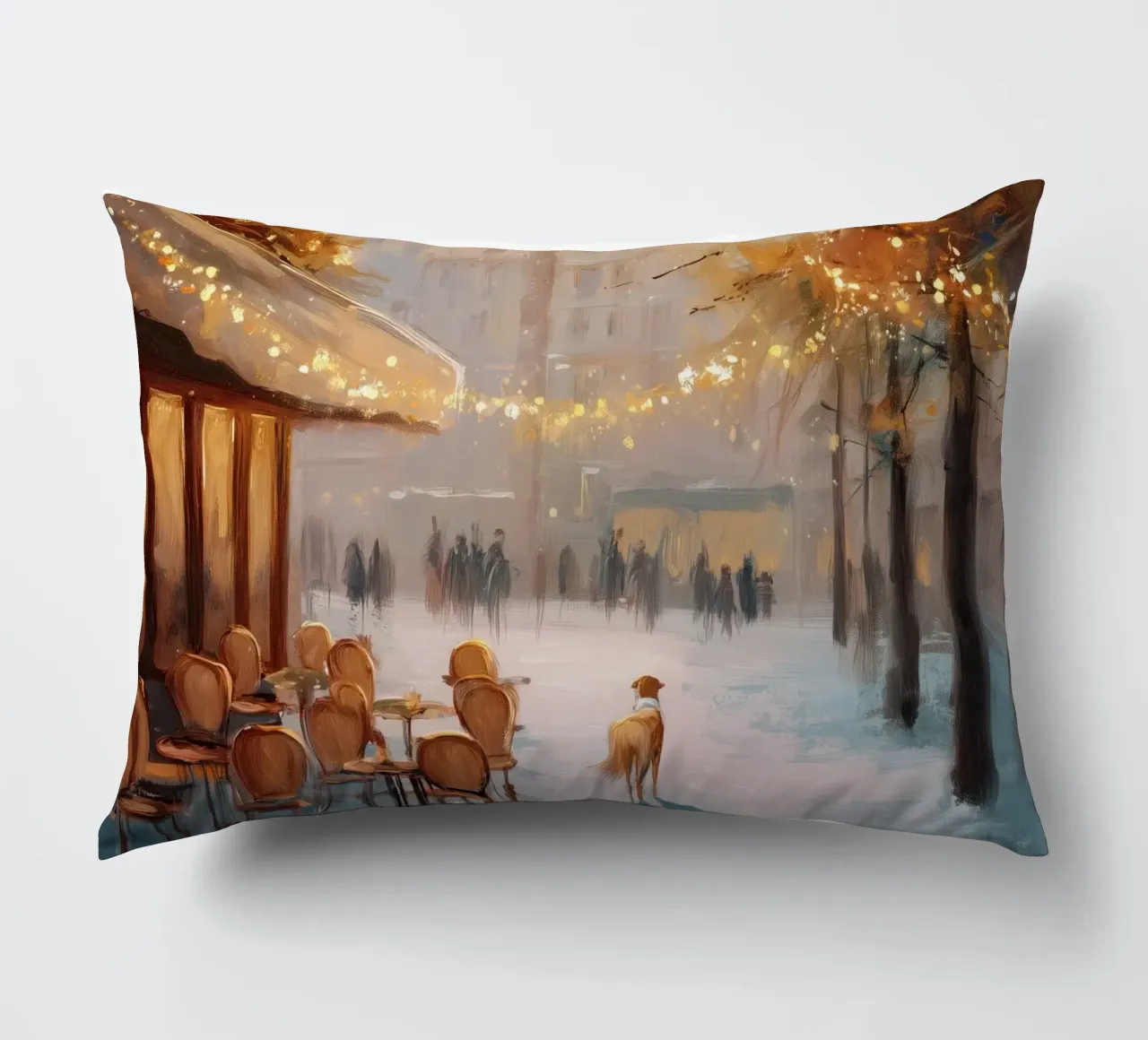 Caffè di Parigi nella neve invernale con cane e vista sulla Torre Eiffel cuscino da Holiday Hearth Prints