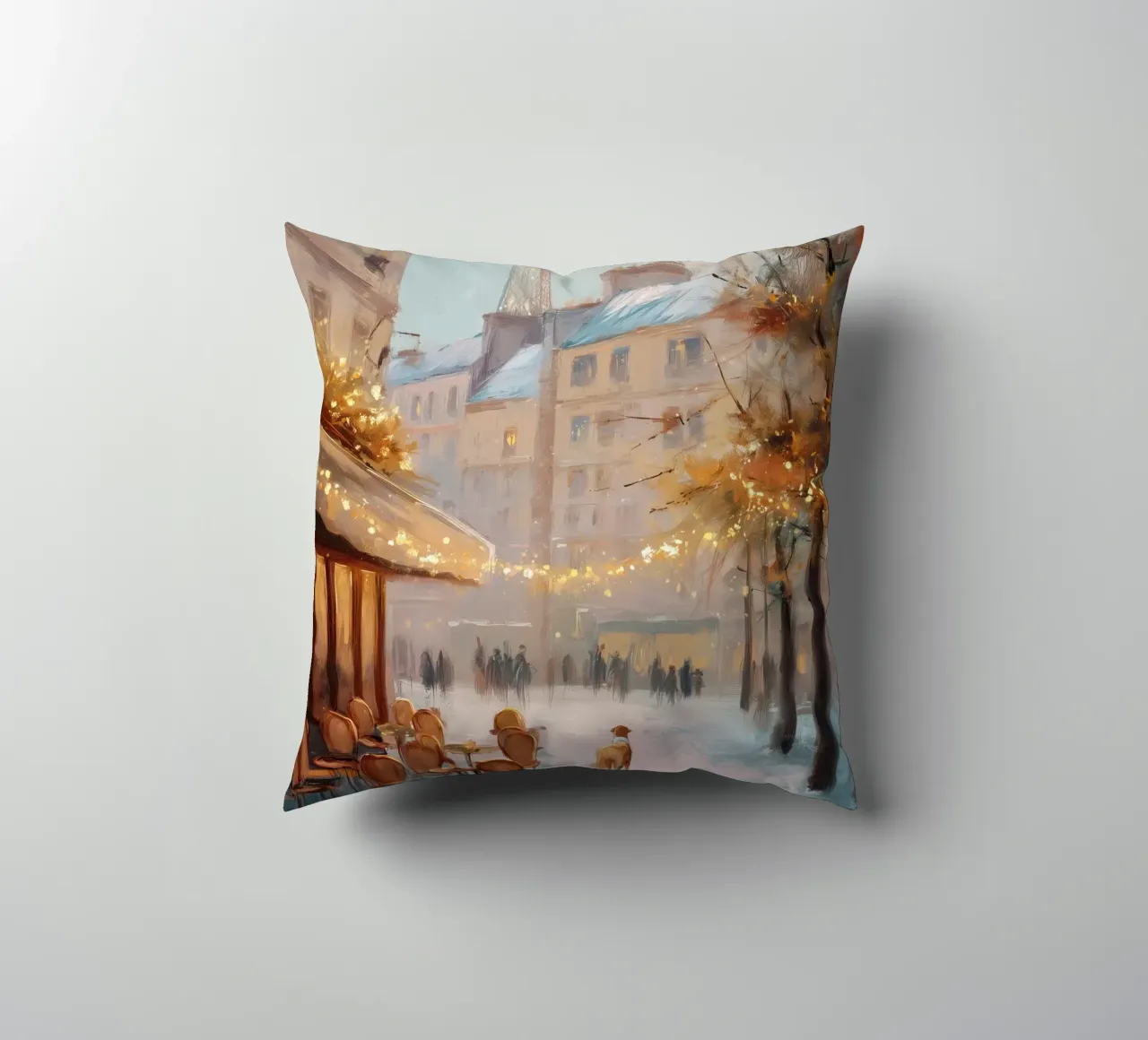 Caffè di Parigi nella neve invernale con cane e vista sulla Torre Eiffel cuscino da Holiday Hearth Prints