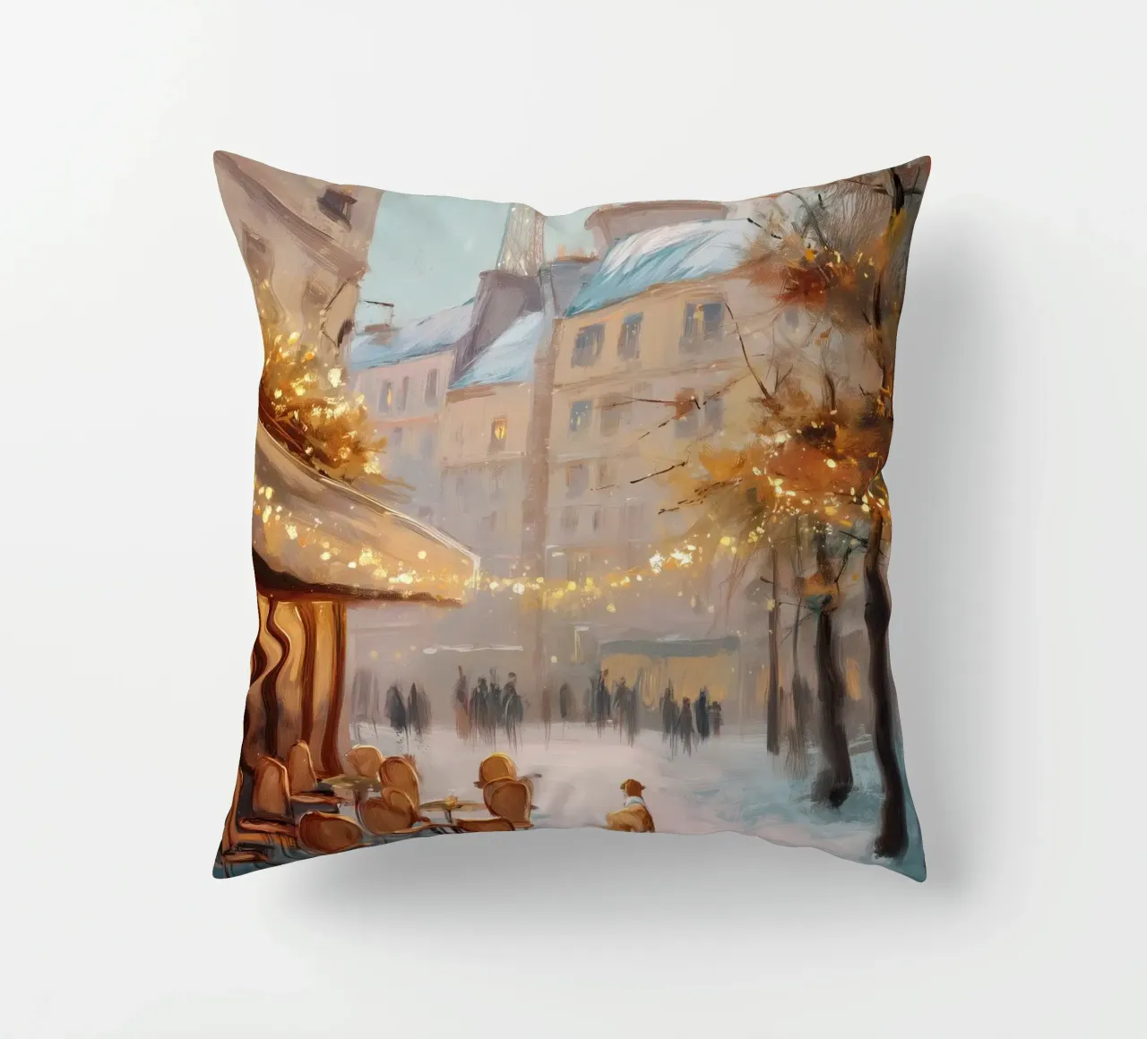 Caffè di Parigi nella neve invernale con cane e vista sulla Torre Eiffel cuscino da Holiday Hearth Prints