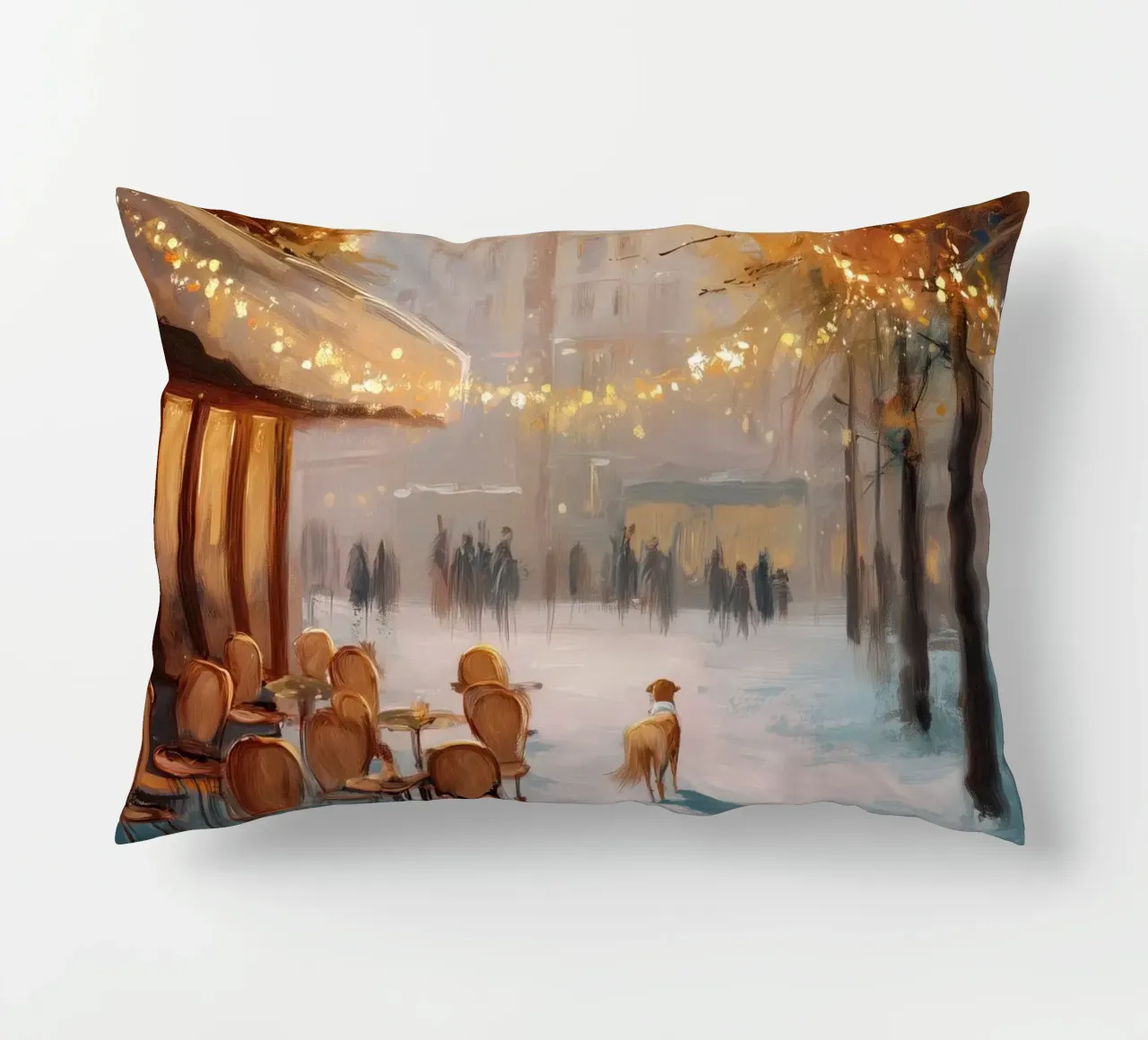 Caffè di Parigi nella neve invernale con cane e vista sulla Torre Eiffel cuscino da Holiday Hearth Prints