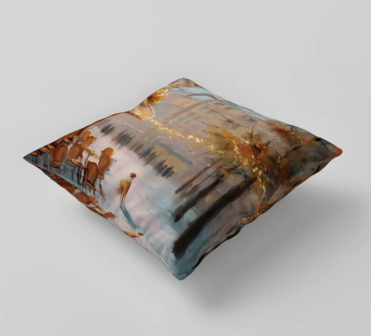 Caffè di Parigi nella neve invernale con cane e vista sulla Torre Eiffel cuscino da Holiday Hearth Prints