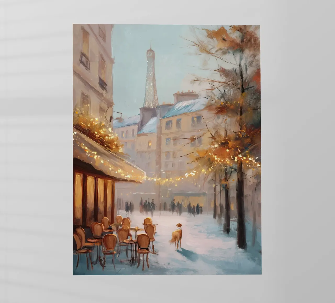 Caffè di Parigi nella neve invernale con cane e vista sulla Torre Eiffel pellicola backlit da Holiday Hearth Prints