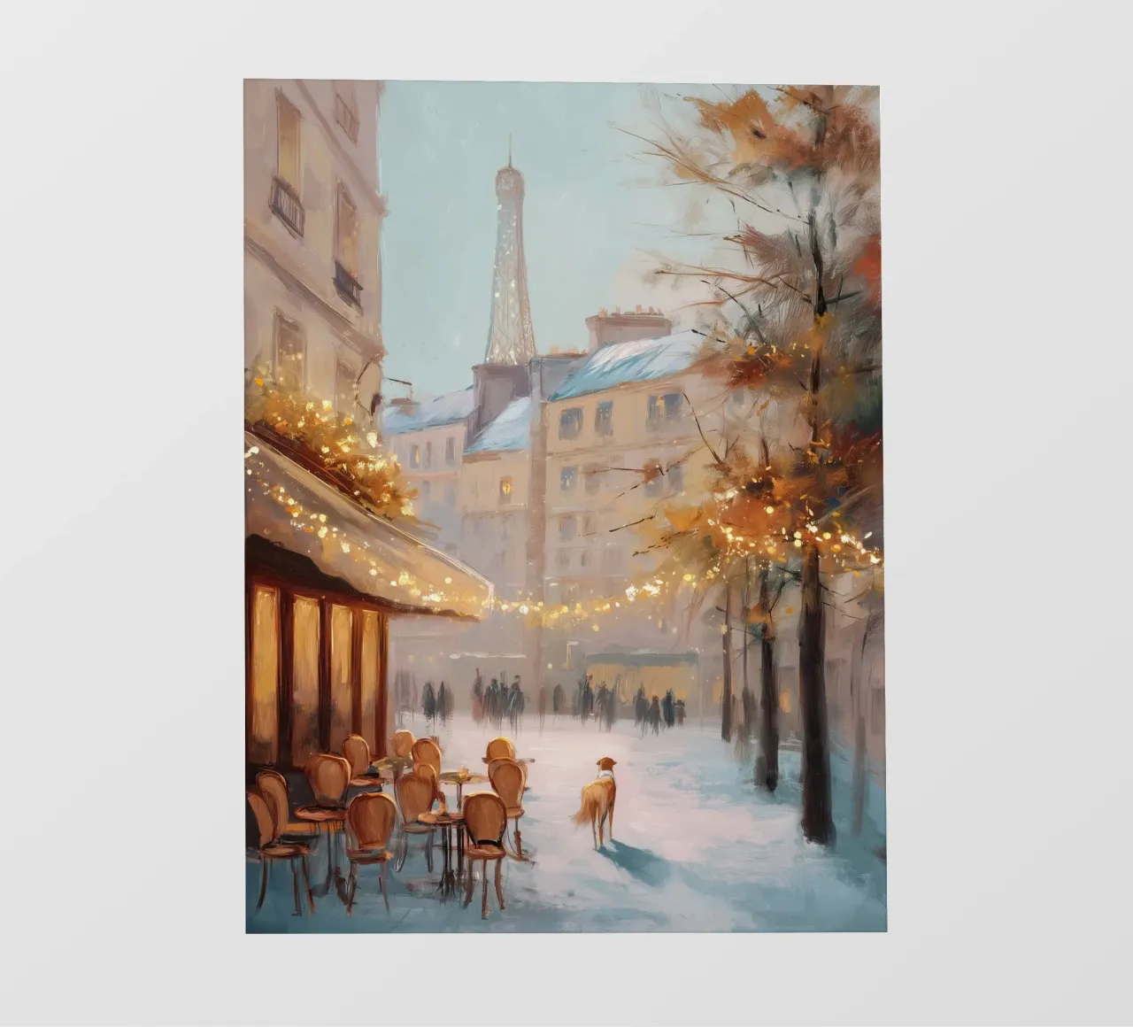 Caffè di Parigi nella neve invernale con cane e vista sulla Torre Eiffel pellicola backlit da Holiday Hearth Prints