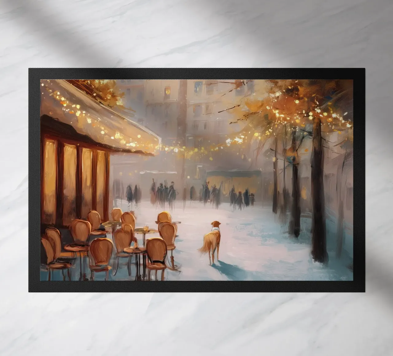 Caffè di Parigi nella neve invernale con cane e vista sulla Torre Eiffel zerbino da Holiday Hearth Prints