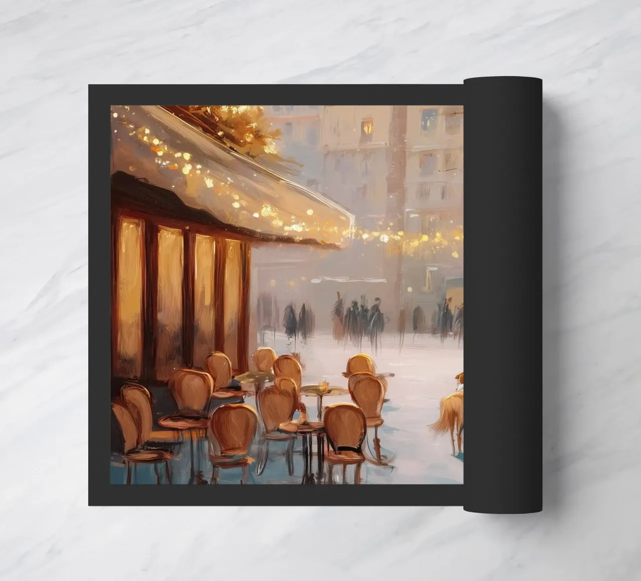 Caffè di Parigi nella neve invernale con cane e vista sulla Torre Eiffel zerbino da Holiday Hearth Prints