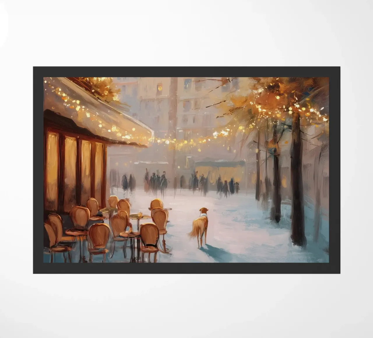 Caffè di Parigi nella neve invernale con cane e vista sulla Torre Eiffel zerbino da Holiday Hearth Prints