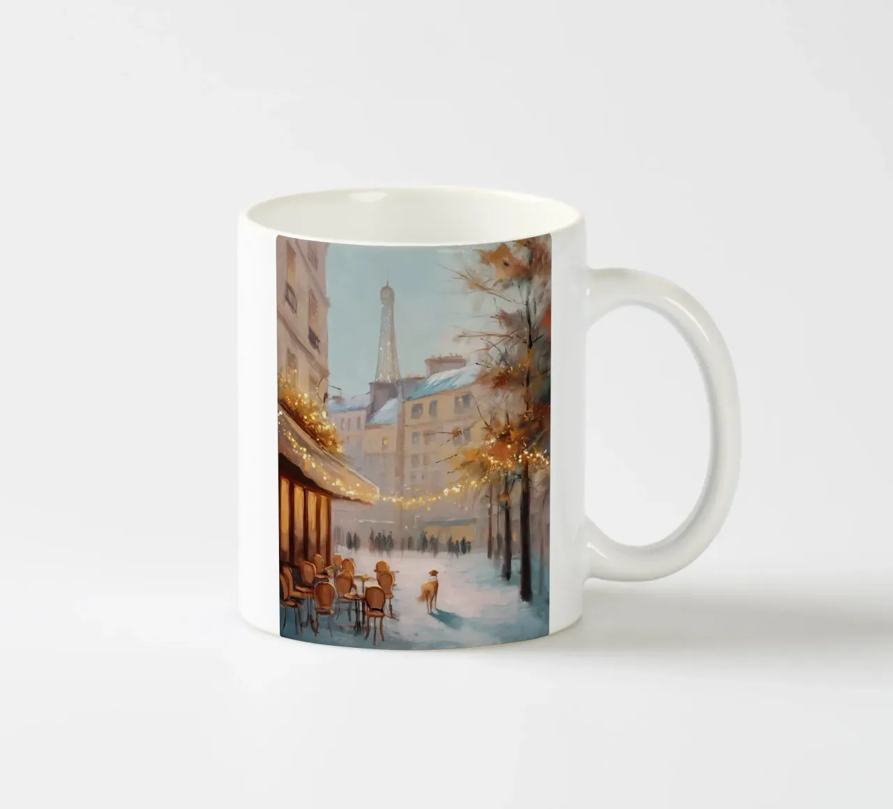 Caffè di Parigi nella neve invernale con cane e vista sulla Torre Eiffel tazza in ceramica da Holiday Hearth Prints