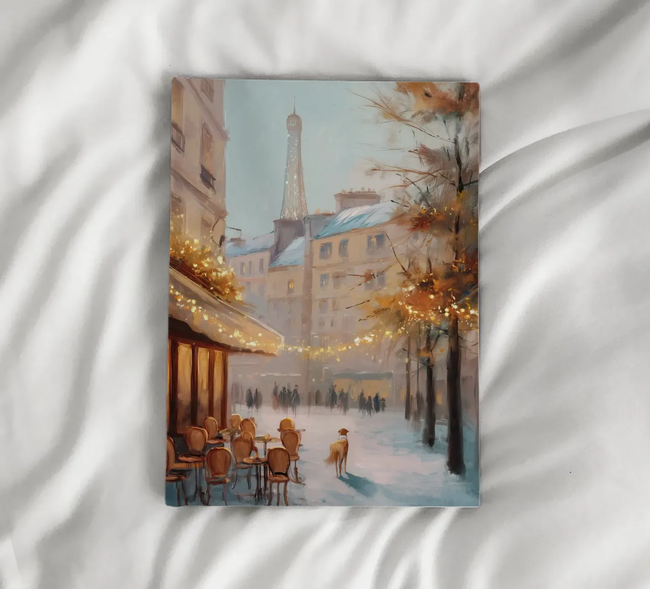 Paris Café In Winter Snow With Dog And Eiffel Tower View notebook by Holiday Hearth Prints