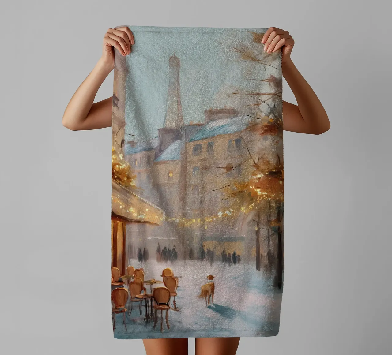 Paris Café In Winter Snow With Dog And Eiffel Tower View towel by Holiday Hearth Prints