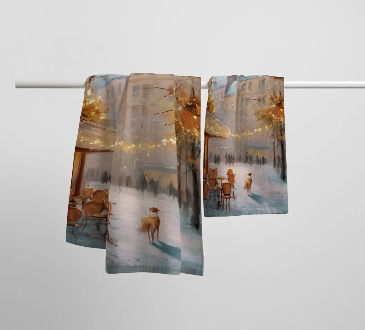 Caffè di Parigi nella neve invernale con cane e vista sulla Torre Eiffel asciugamano da bagno da Holiday Hearth Prints