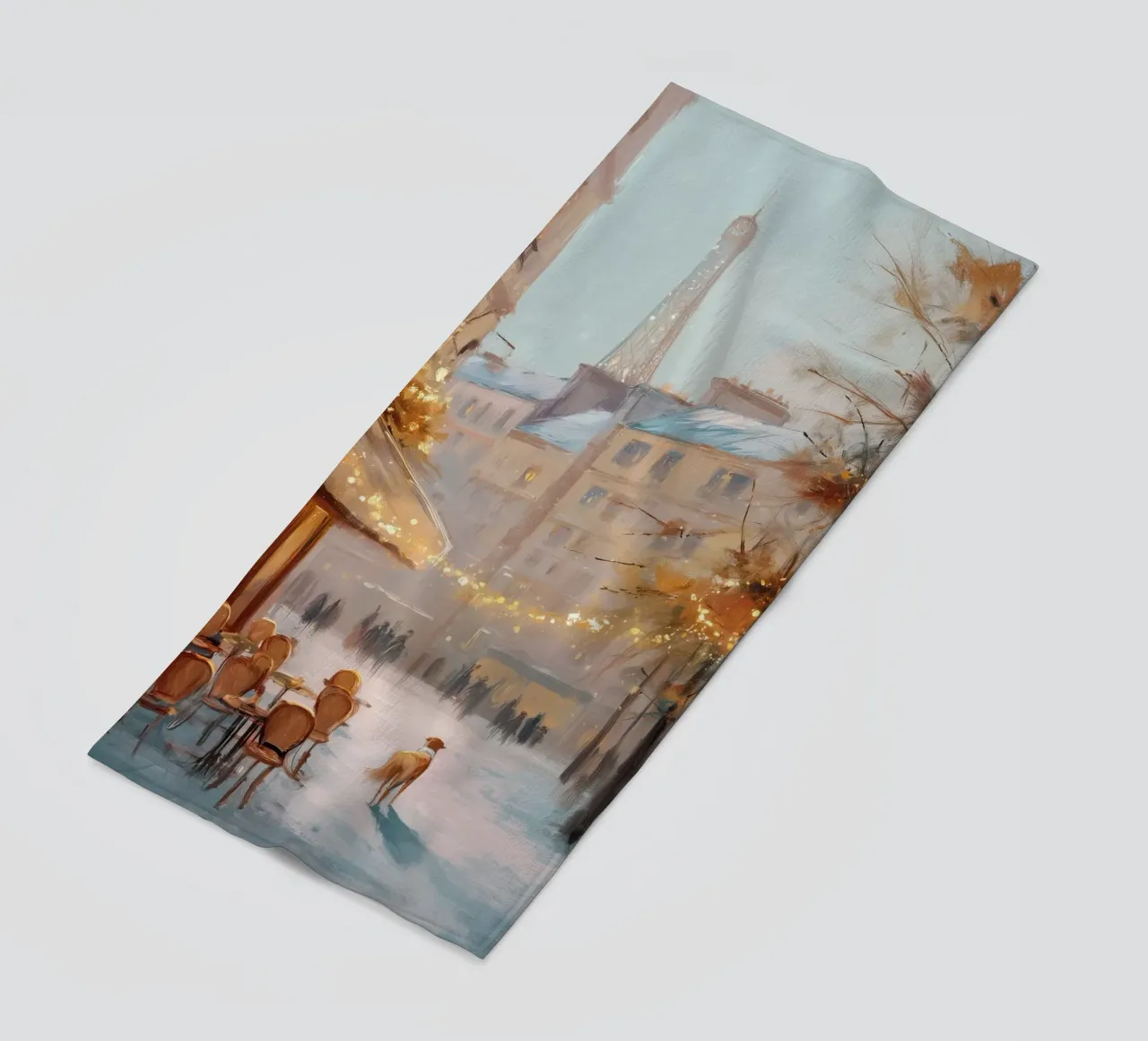 Caffè di Parigi nella neve invernale con cane e vista sulla Torre Eiffel telo mare da Holiday Hearth Prints