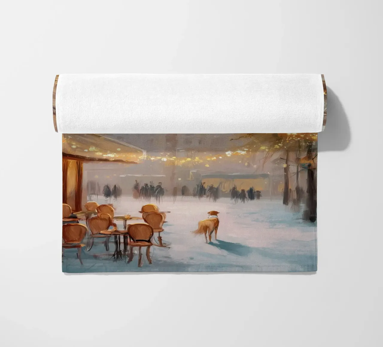 Caffè di Parigi nella neve invernale con cane e vista sulla Torre Eiffel telo mare da Holiday Hearth Prints