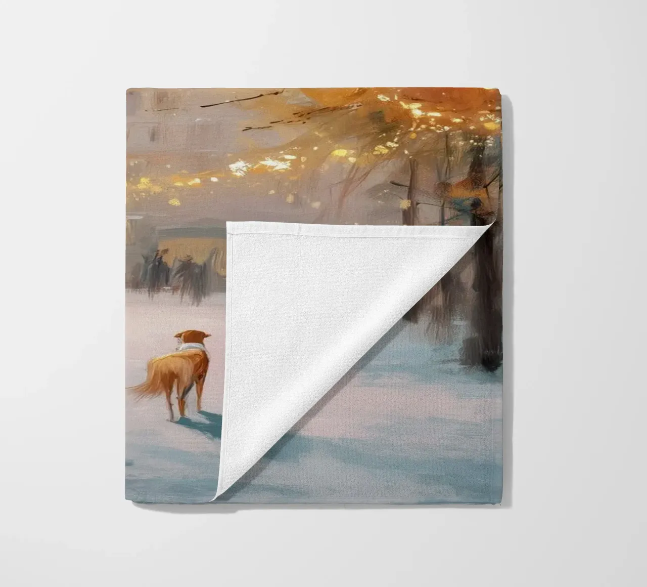 Caffè di Parigi nella neve invernale con cane e vista sulla Torre Eiffel telo mare da Holiday Hearth Prints