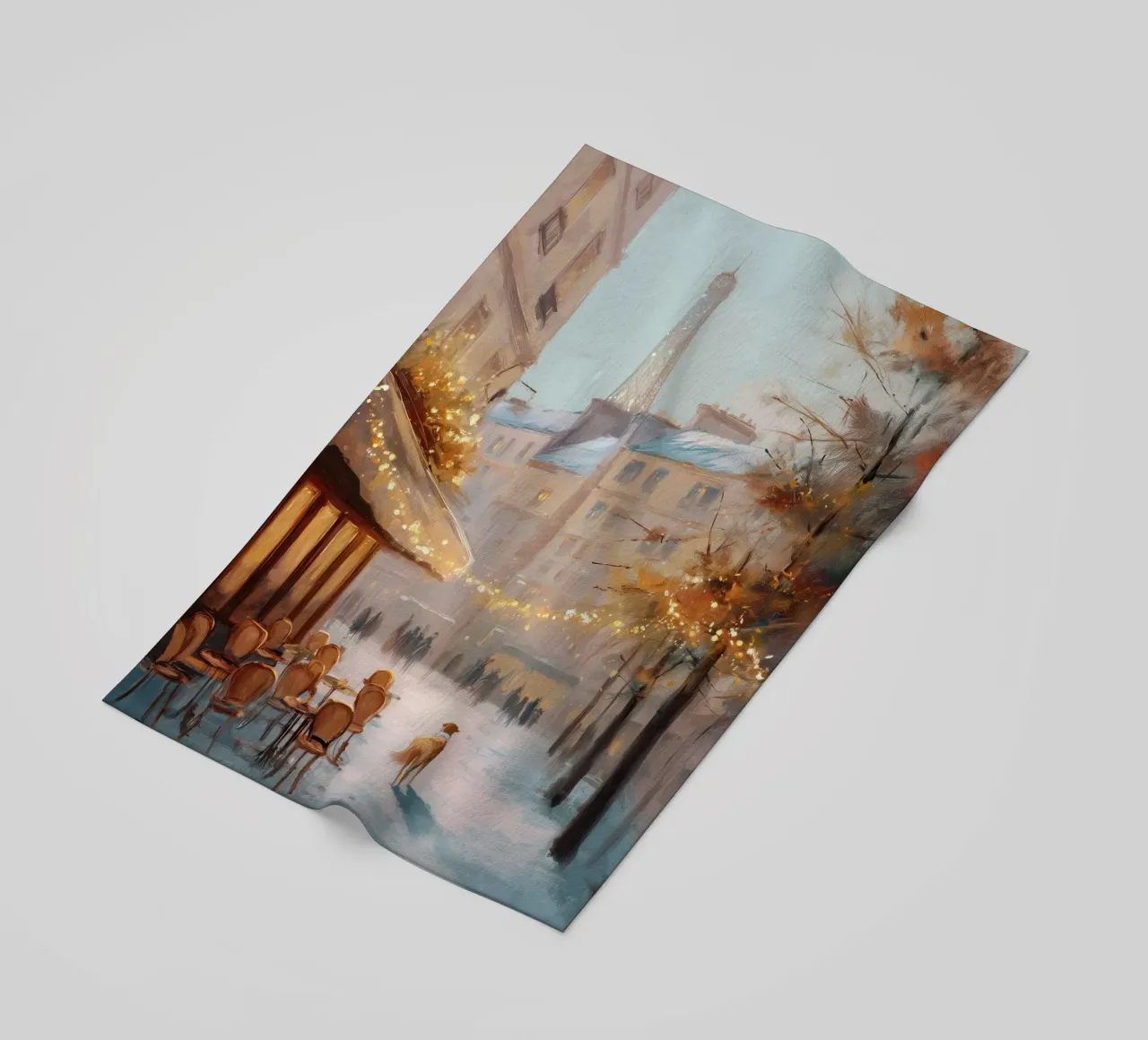 Caffè di Parigi nella neve invernale con cane e vista sulla Torre Eiffel telo mare da Holiday Hearth Prints