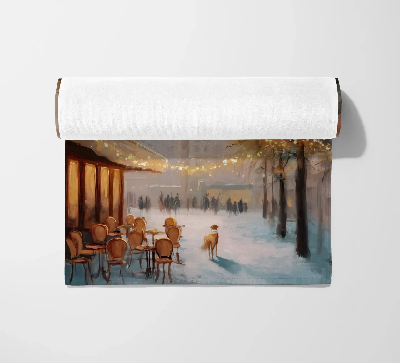 Caffè di Parigi nella neve invernale con cane e vista sulla Torre Eiffel telo mare da Holiday Hearth Prints