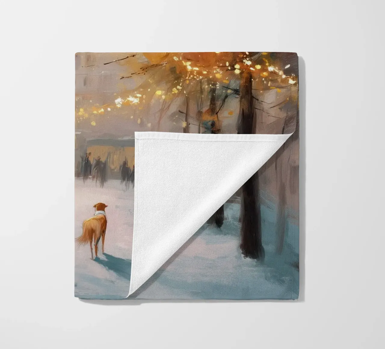 Caffè di Parigi nella neve invernale con cane e vista sulla Torre Eiffel telo mare da Holiday Hearth Prints