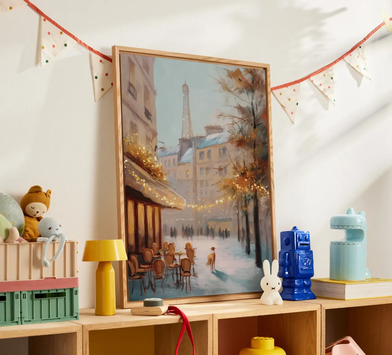 Caffè di Parigi nella neve invernale con cane e vista sulla Torre Eiffel plexiglass da Holiday Hearth Prints