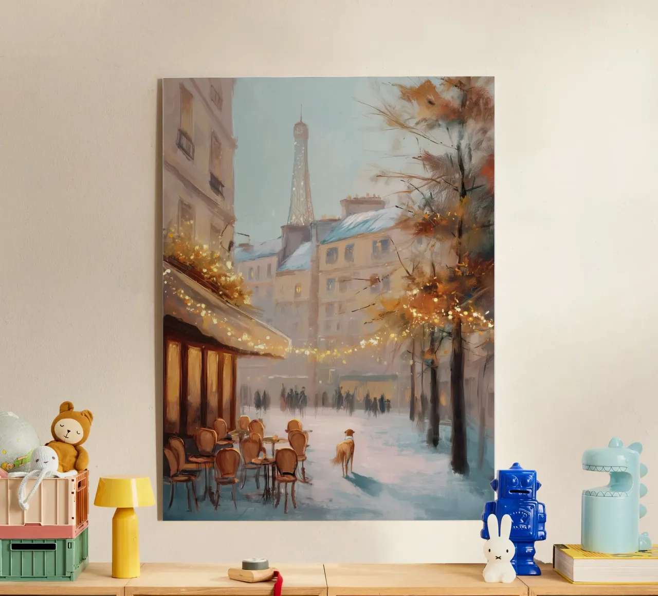 Caffè di Parigi nella neve invernale con cane e vista sulla Torre Eiffel plexiglass da Holiday Hearth Prints