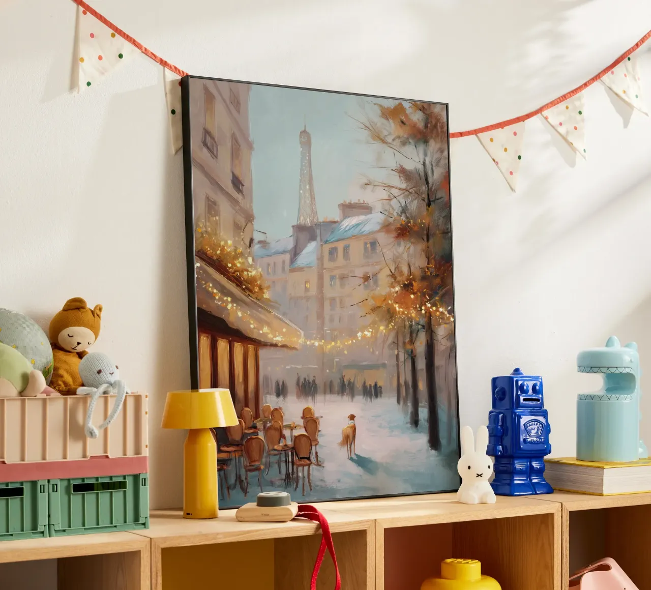 Caffè di Parigi nella neve invernale con cane e vista sulla Torre Eiffel alluminio dibond da Holiday Hearth Prints