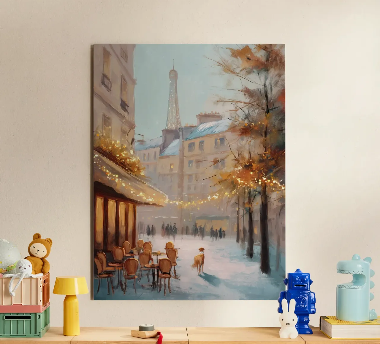 Caffè di Parigi nella neve invernale con cane e vista sulla Torre Eiffel alluminio dibond da Holiday Hearth Prints