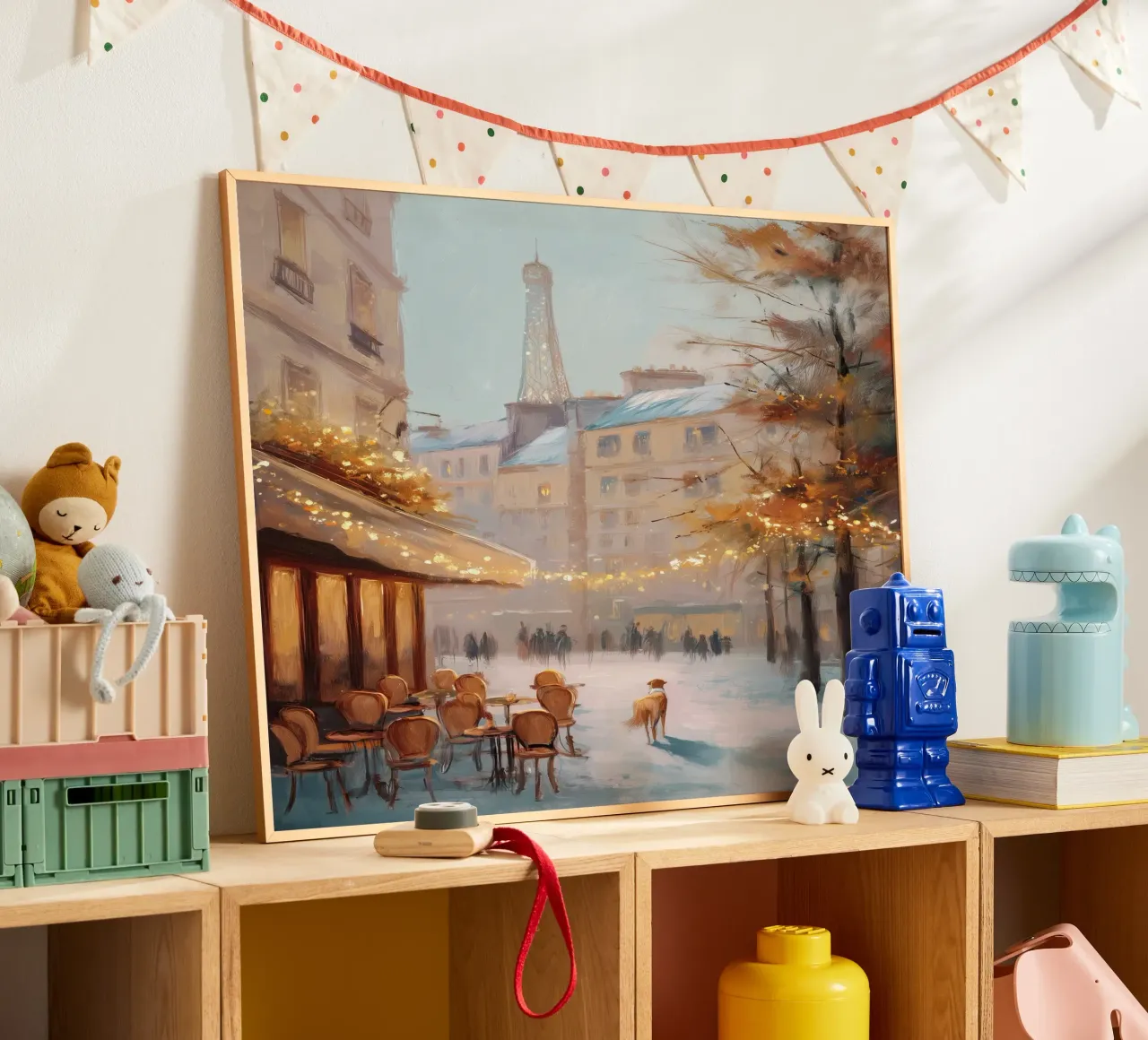 Caffè di Parigi nella neve invernale con cane e vista sulla Torre Eiffel carta hahnemühle da Holiday Hearth Prints