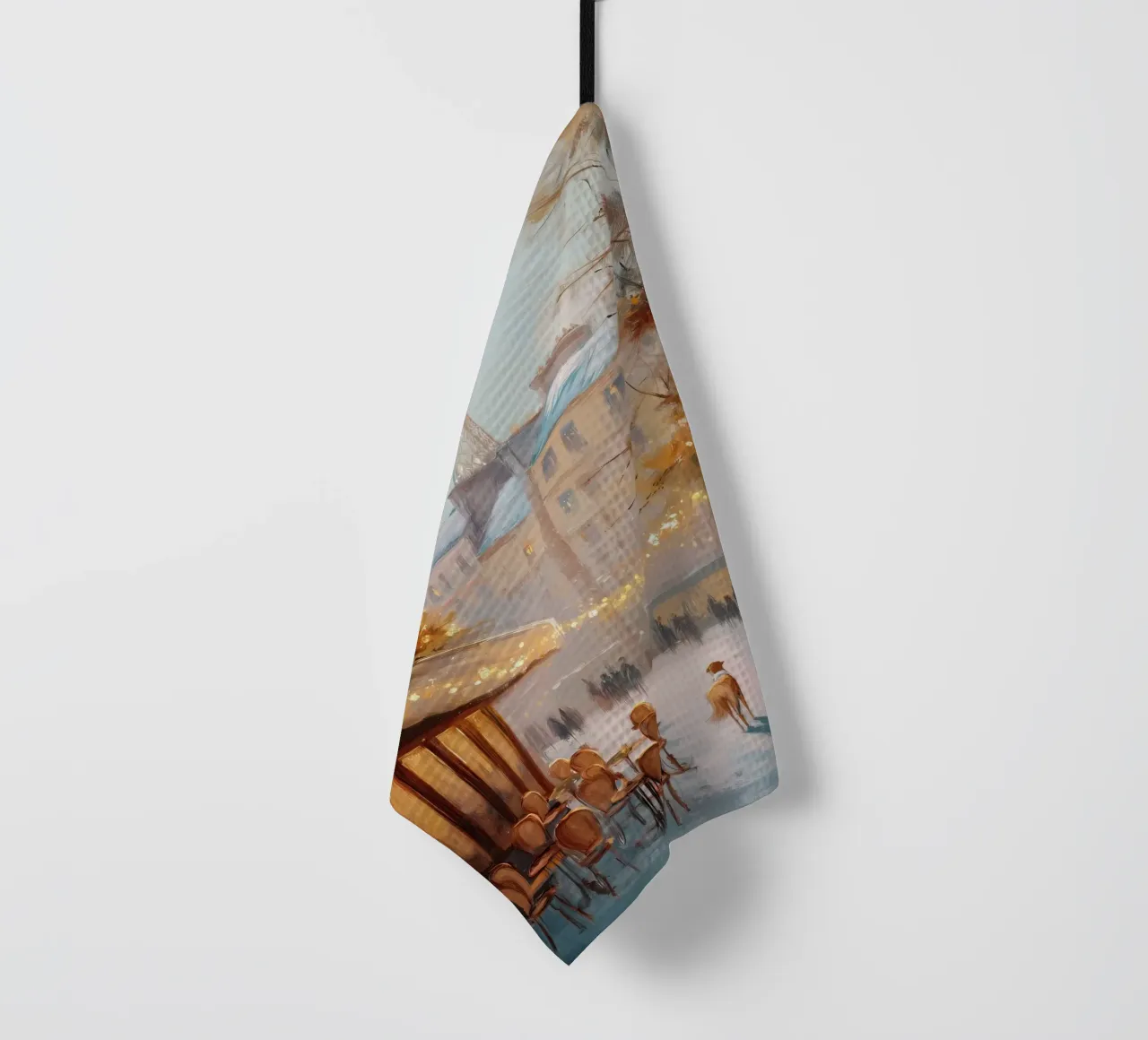 Paris Café In Winter Snow With Dog And Eiffel Tower View torchon de Holiday Hearth Prints