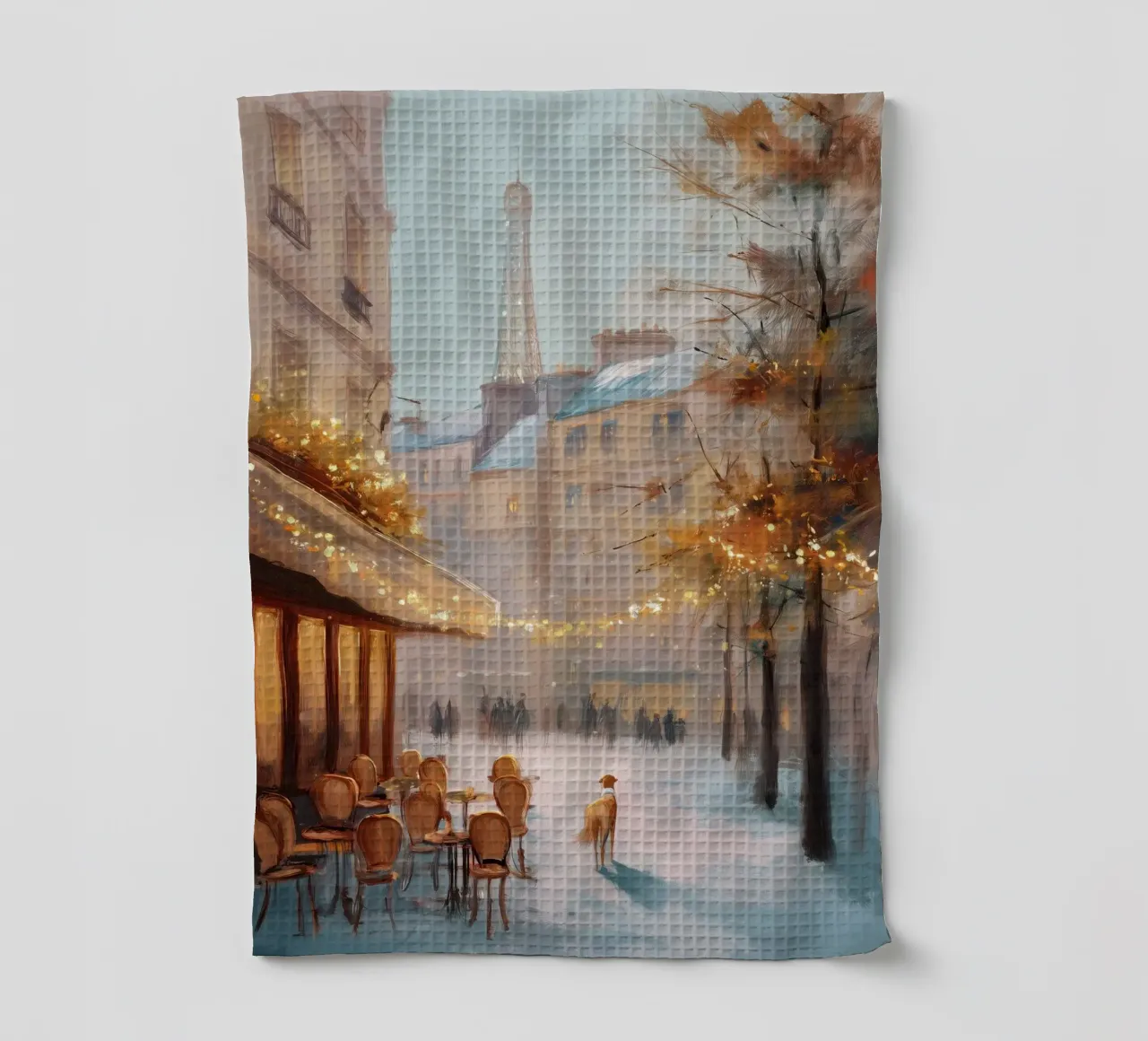 Paris Café In Winter Snow With Dog And Eiffel Tower View torchon de Holiday Hearth Prints